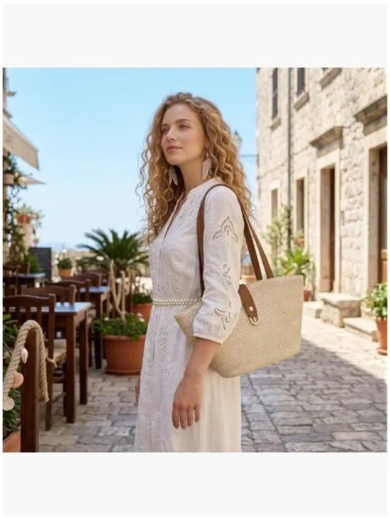 Woven Raffia Straw Tote Bag with PU Leather Handle, Beach Bag - Picture 2 of 7